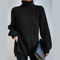 Women's oversized turtleneck rib knit sweater in black – front view