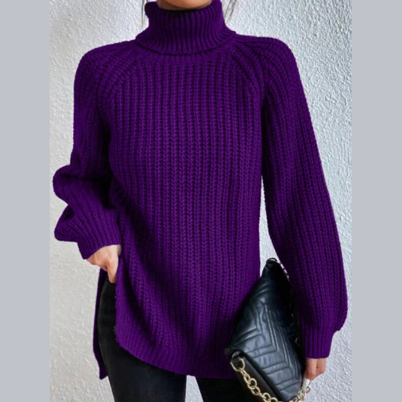 Women's oversized turtleneck rib knit sweater in purple – front view