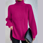 Women's oversized turtleneck rib knit sweater in fuchsia – front view