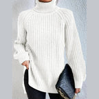 Women's oversized turtleneck rib knit sweater in white – front view