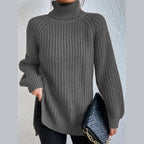 Women's oversized turtleneck rib knit sweater in gray – front view