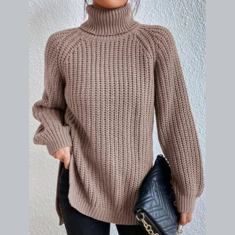 Women's oversized turtleneck rib knit sweater in taupe – front view