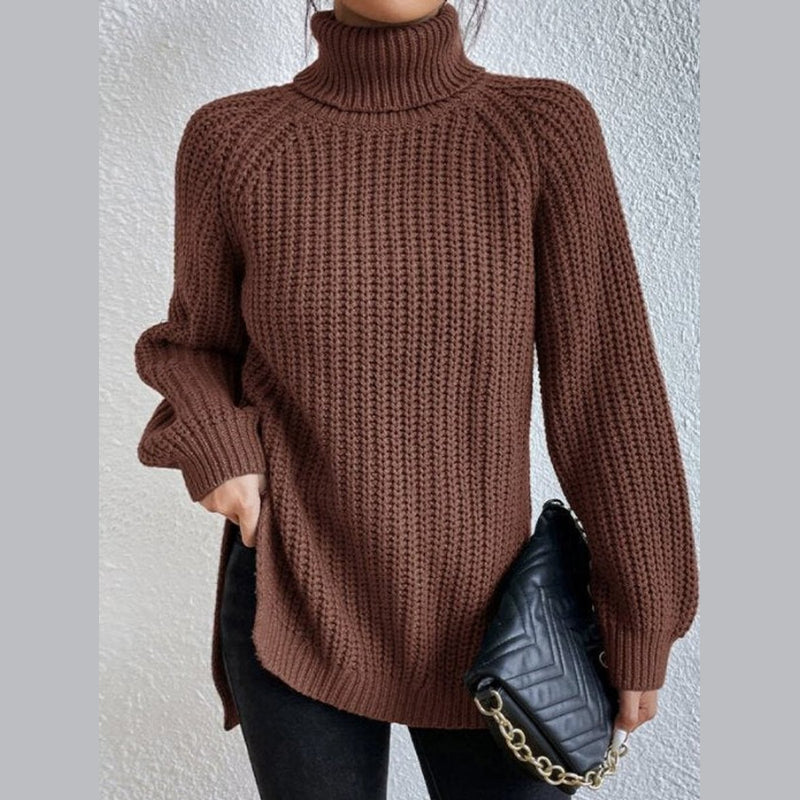 Women's oversized turtleneck rib knit sweater in brown – front view