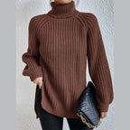 Women's oversized turtleneck rib knit sweater in brown – front view