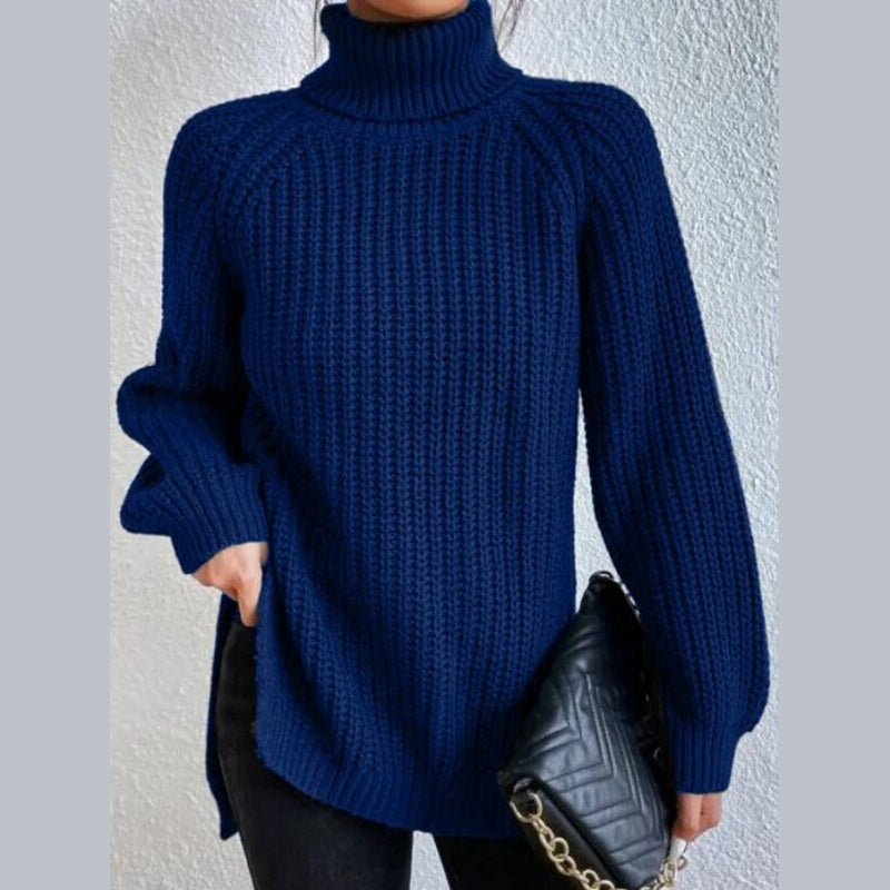 Women's oversized turtleneck rib knit sweater in navy blue – front view