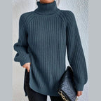 Women's oversized turtleneck rib knit sweater in slate blue – front view