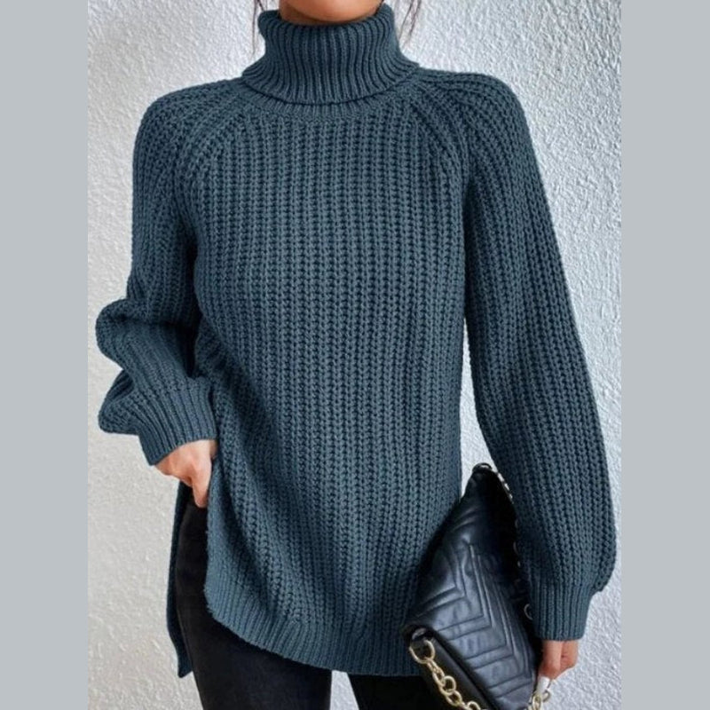Women's oversized turtleneck rib knit sweater in slate blue – front view