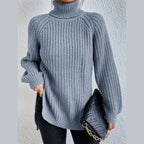Women's oversized turtleneck rib knit sweater in light blue – front view