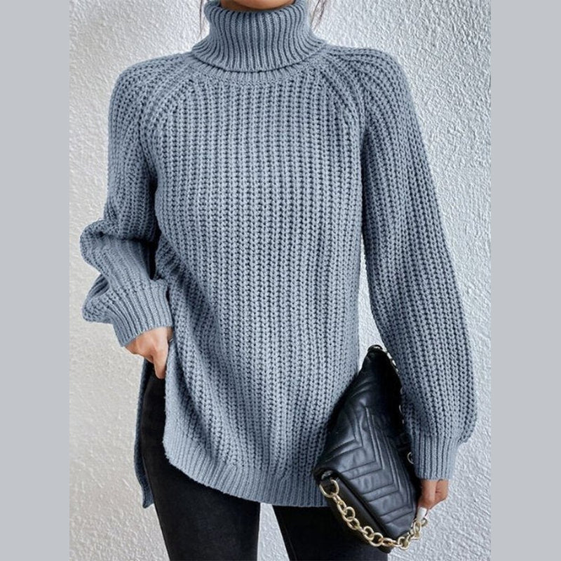 Women's oversized turtleneck rib knit sweater in light blue – front view