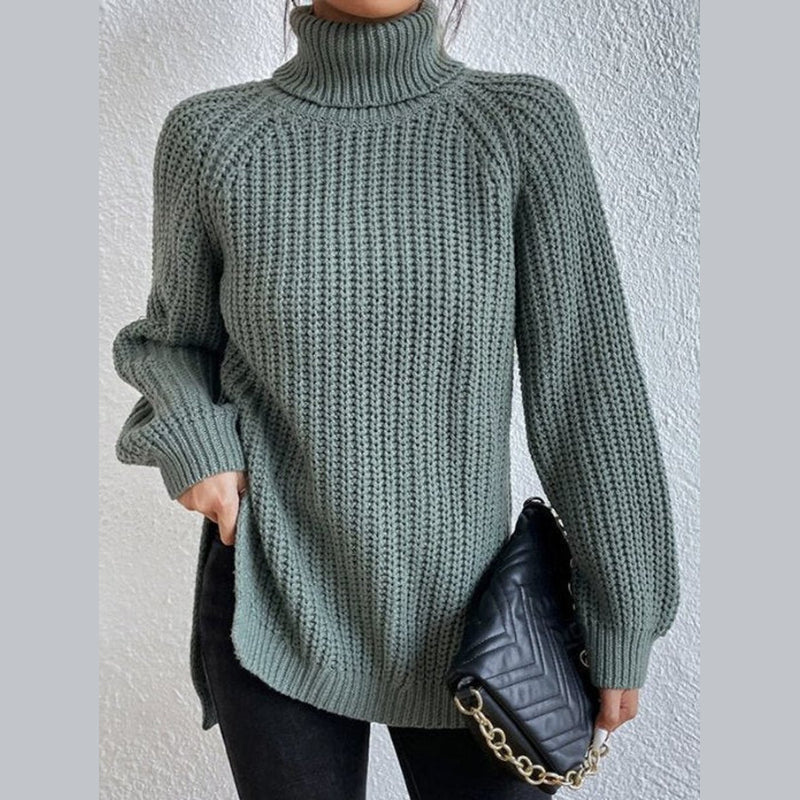 Women's oversized turtleneck rib knit sweater in sage green – front view