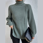Women's oversized turtleneck rib knit sweater in sage green – front view