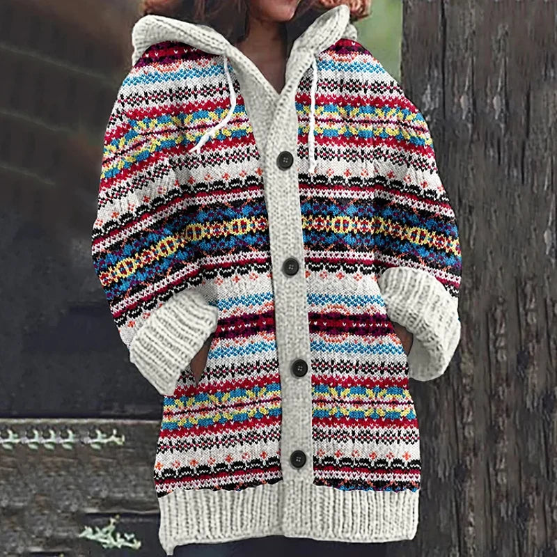 Women's Patterned Hooded Knit Cardigan in Multicolor