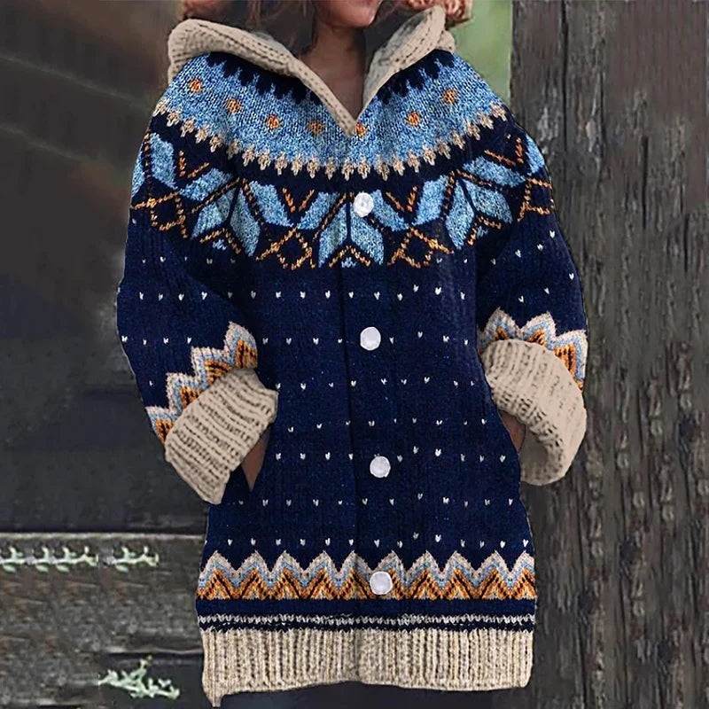 Women's Patterned Hooded Knit Cardigan in Blue