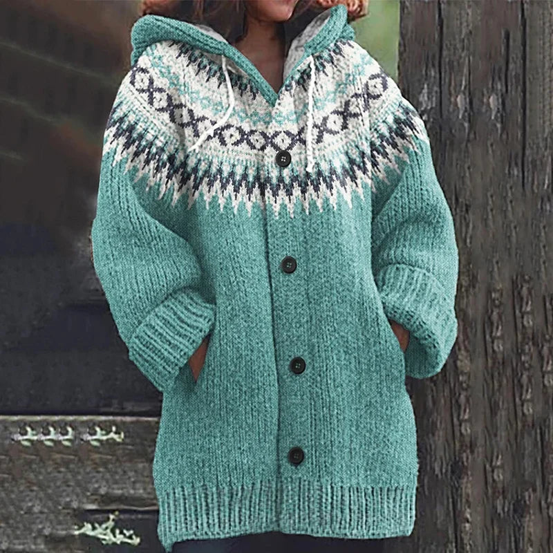 Women's Patterned Hooded Knit Cardigan in Light Blue