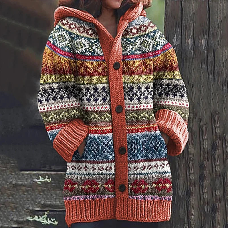Women's Patterned Hooded Knit Cardigan in Orange