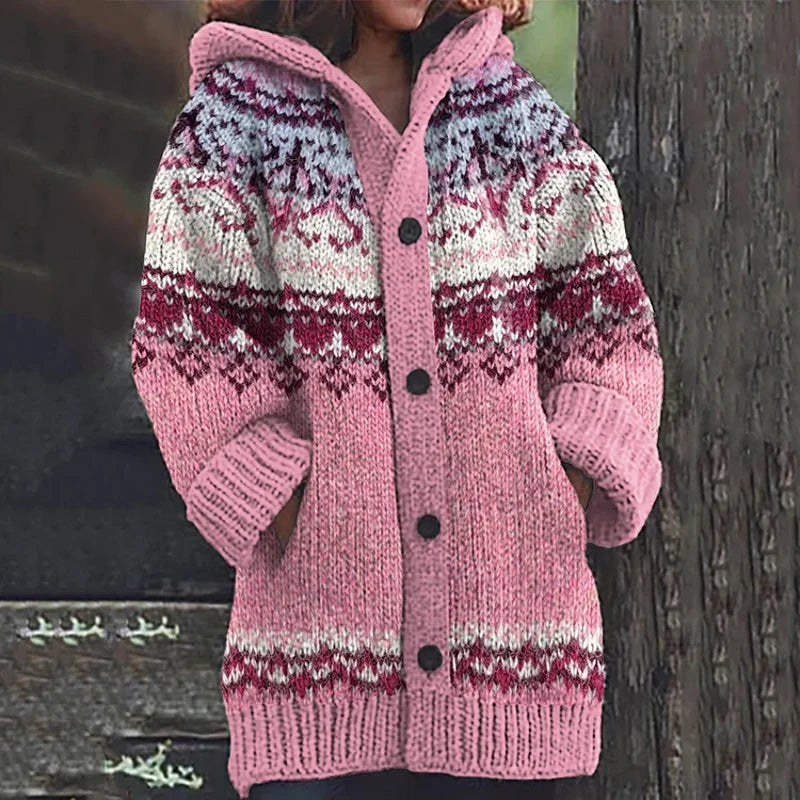 Women's Patterned Hooded Knit Cardigan in Pink