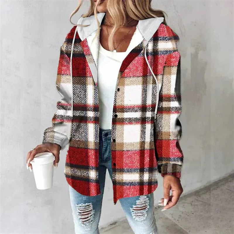 Women's Plaid Hooded Shirt Jacket for Casual Winter Days