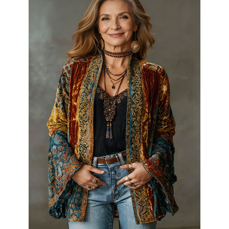 Women's Printed Kimono Jacket with Boho Pattern in Burgundy