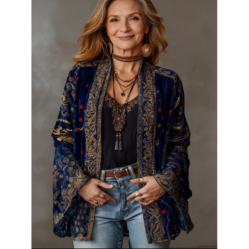 Women's Printed Kimono Jacket with Boho Pattern in Midnight Blue