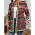 Women's Printed Open Front Jacket with Folk Pattern in Green