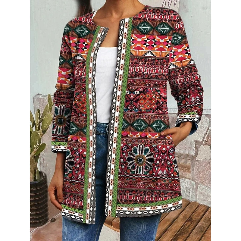 Women's Printed Open Front Jacket with Folk Pattern in Green