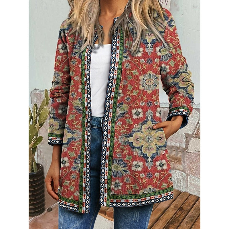 Women's Printed Open Front Jacket with Folk Pattern in Red
