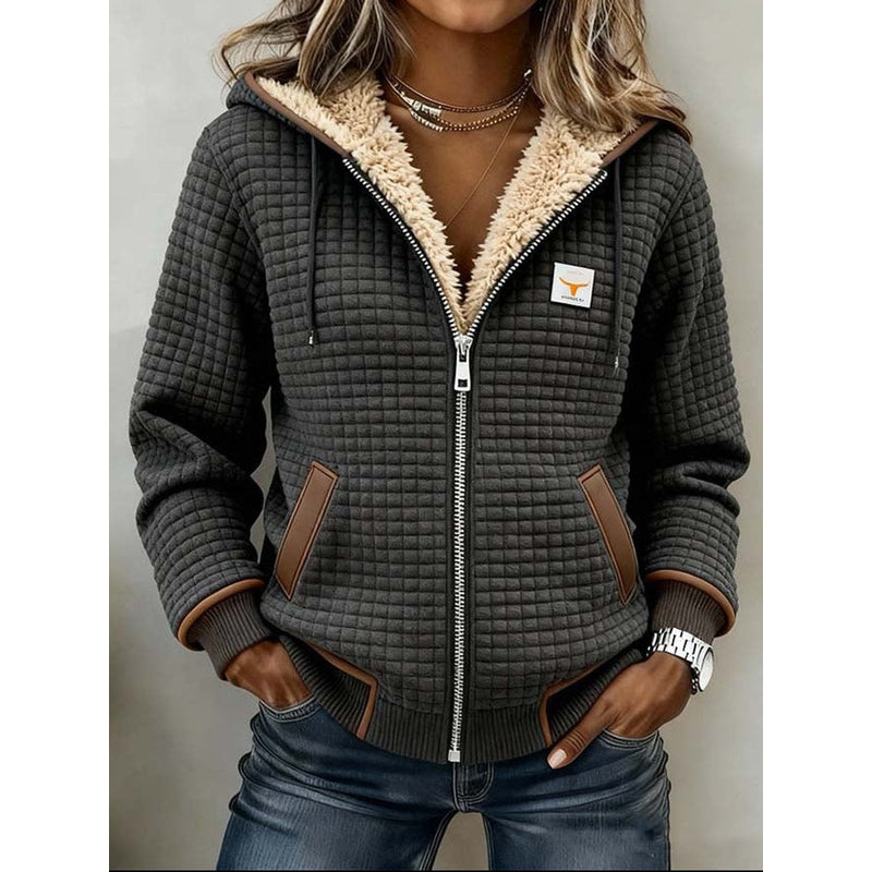 Women's Quilted Hooded Zip Jacket with Plush Lining in Gray