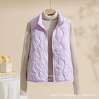 Women's quilted vest with stand collar in light purple – front view