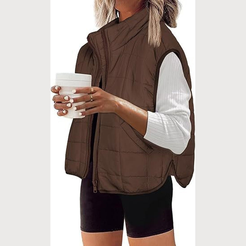 Women's quilted zip vest with high collar – styled view 1