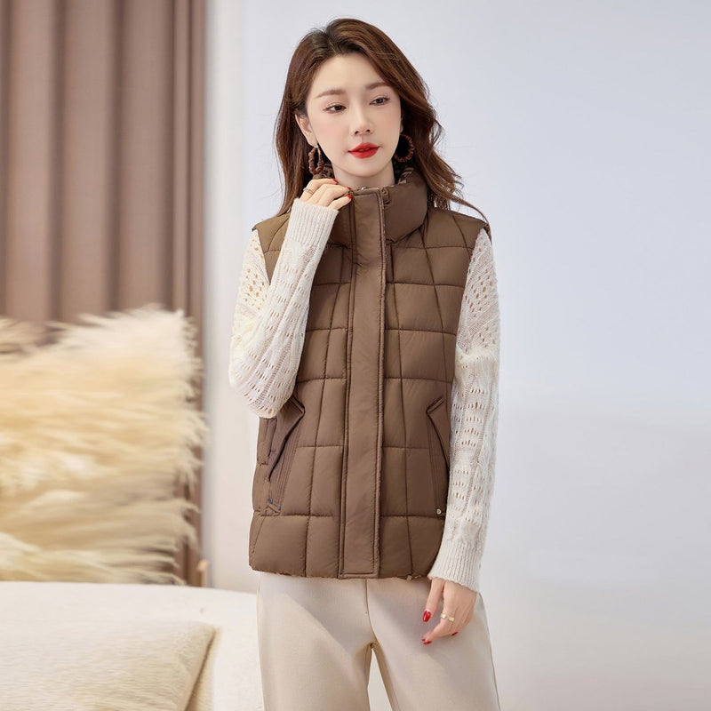 Women's quilted zip vest with high collar – styled view 7