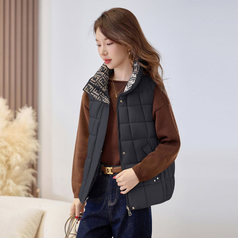 Women's quilted zip vest with high collar – styled view 9