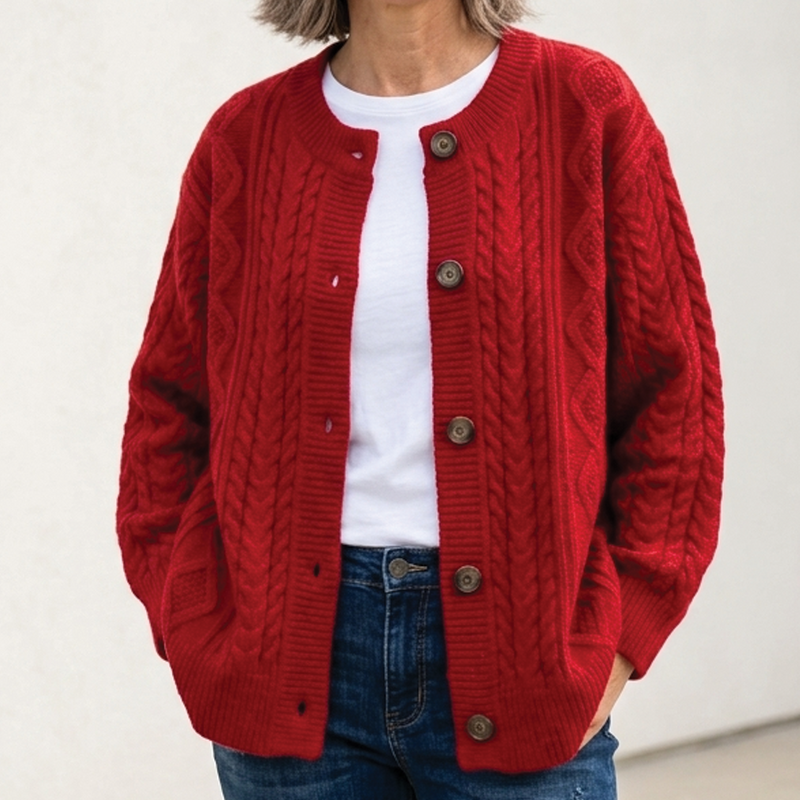 Women's Relaxed Cable Knit Cardigan in Red
