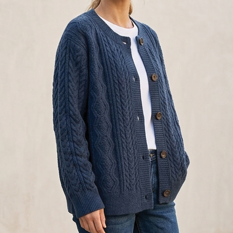 Women's Relaxed Cable Knit Cardigan in Navy Blue