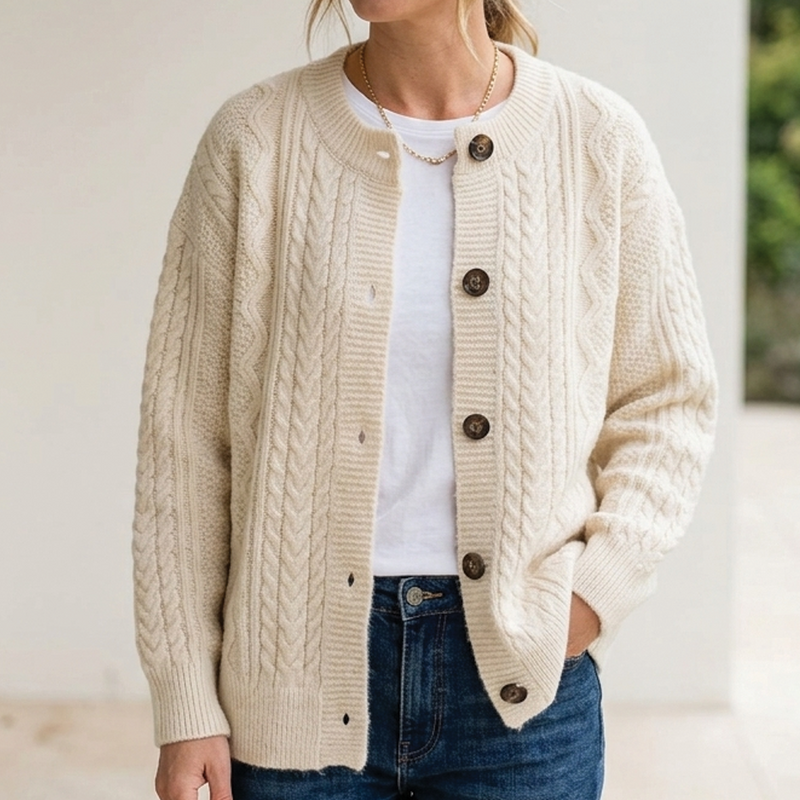 Women's Relaxed Cable Knit Cardigan in Beige