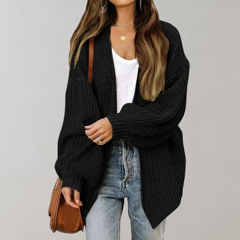 Women's Relaxed Open Front Chunky Knit Cardigan in Black