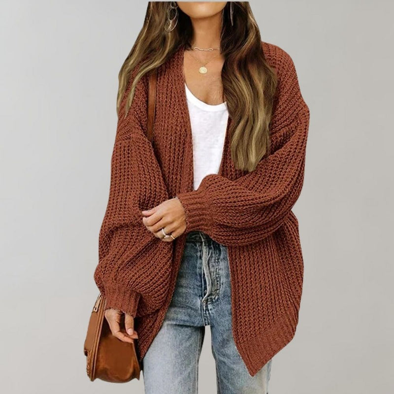 Women's Relaxed Open Front Chunky Knit Cardigan in Coffee