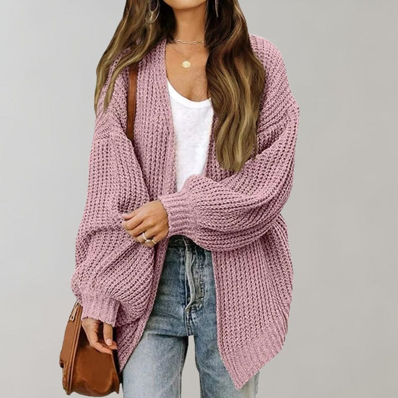 Women's Relaxed Open Front Chunky Knit Cardigan in Pink