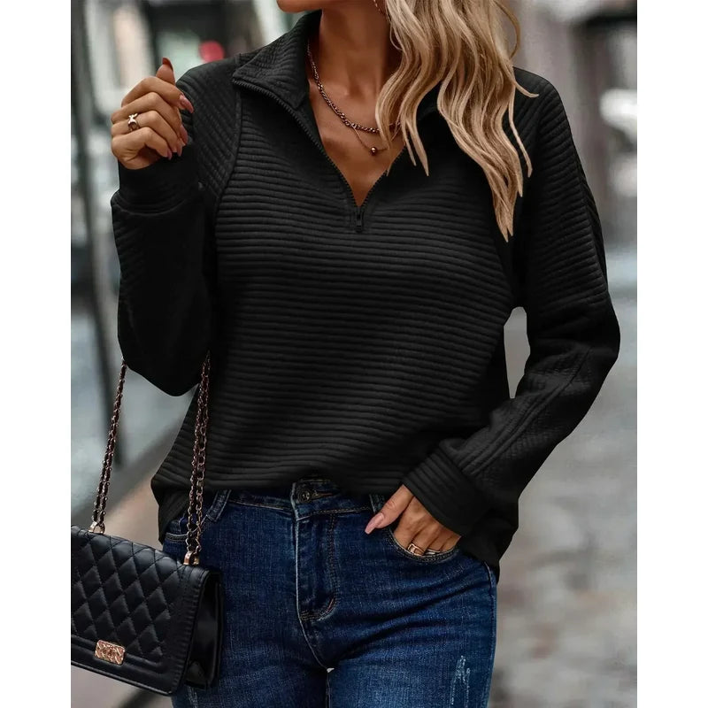 Women's Ribbed Half Zip Pullover in Black