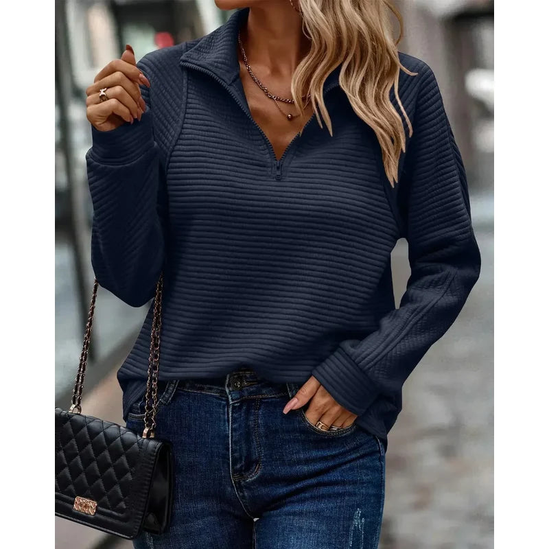 Women's Ribbed Half Zip Pullover in Blue