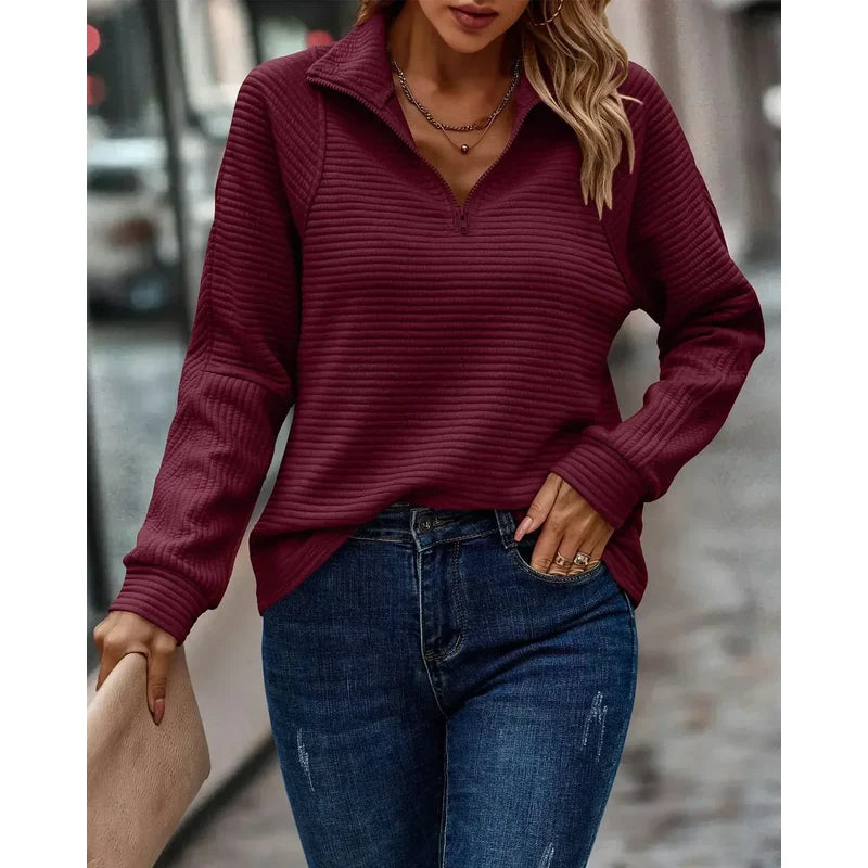Women's Ribbed Half Zip Pullover in Red
