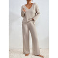 Women's Ribbed V Neck Two-Piece Lounge Set in Beige