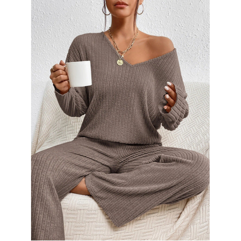 Women's Ribbed V Neck Two-Piece Lounge Set additional view 10