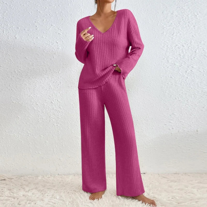 Women's Ribbed V Neck Two-Piece Lounge Set in Pink