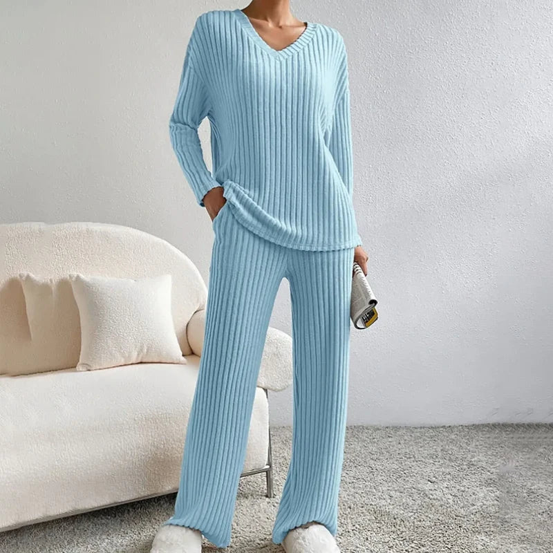 Women's Ribbed V Neck Two-Piece Lounge Set in Blue