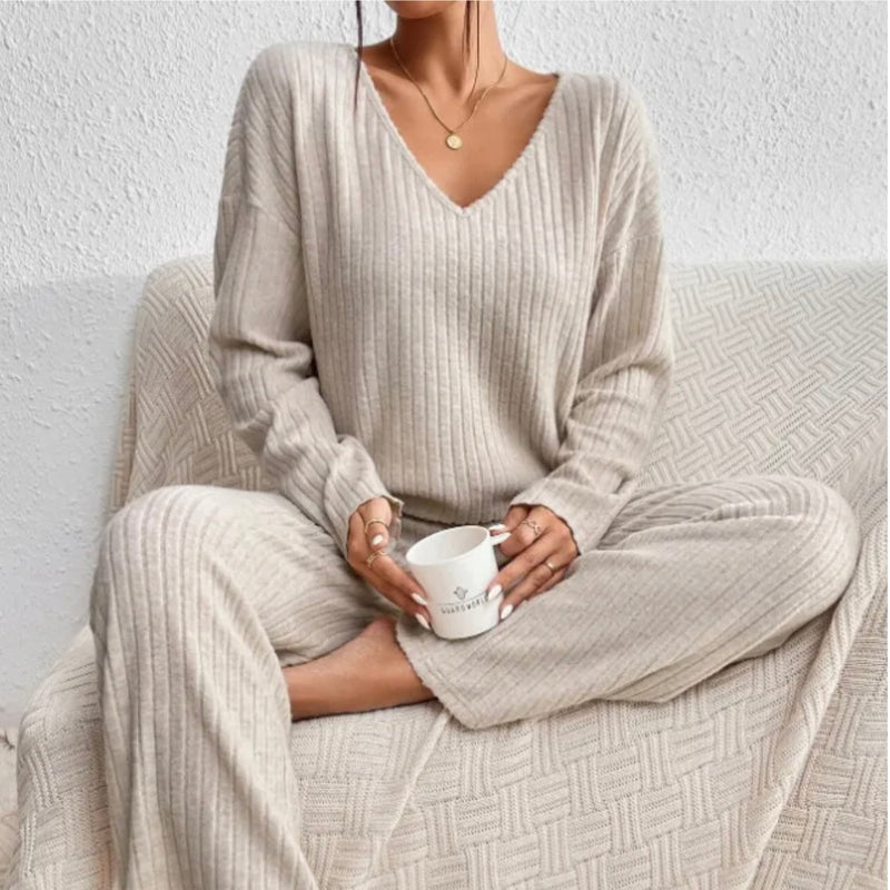 Women's Ribbed V Neck Two-Piece Lounge Set additional view 8