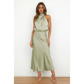 Women's Satin-Look Halter Neck Midi Dress in Light Green