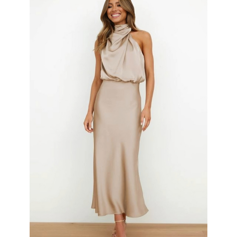 Women's Satin-Look Halter Neck Midi Dress in Beige