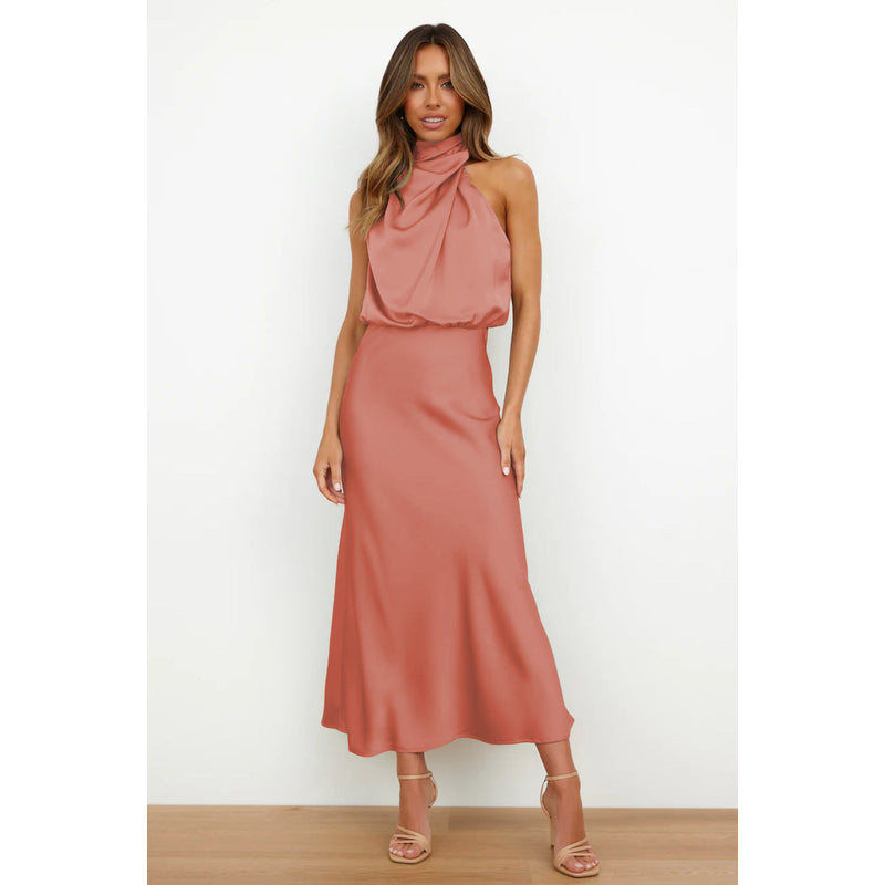 Women's Satin-Look Halter Neck Midi Dress in Coral Pink