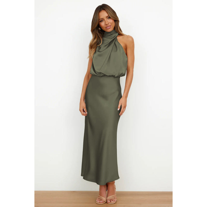 Women's Satin-Look Halter Neck Midi Dress in Olive Green
