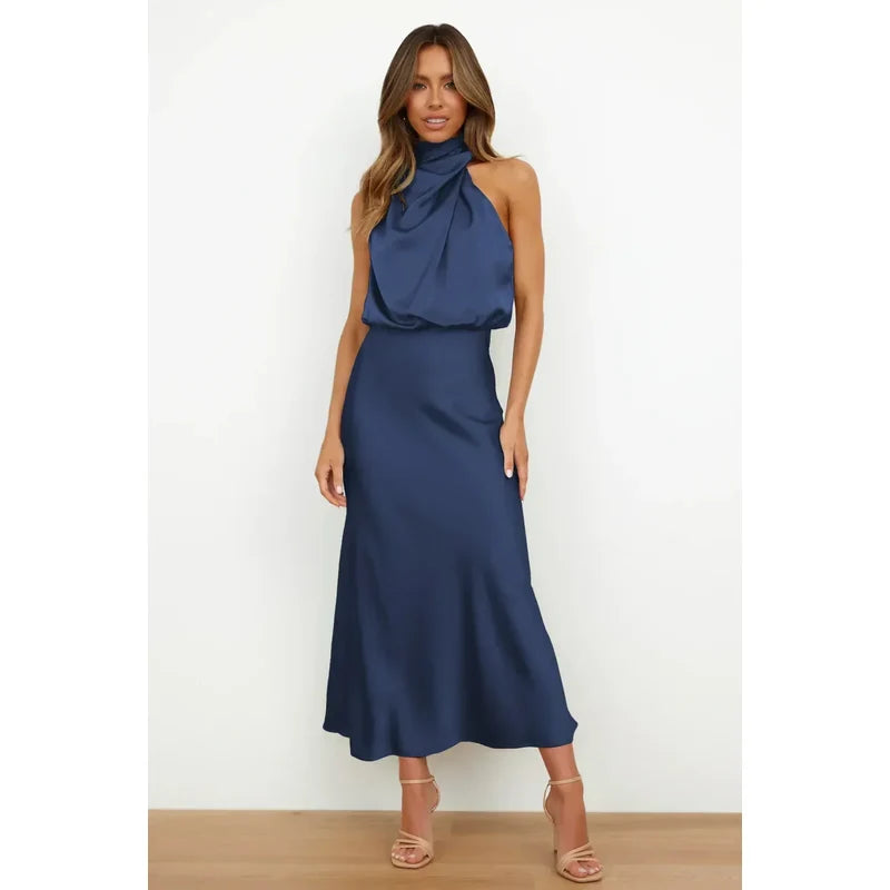Women's Satin-Look Halter Neck Midi Dress in Navy Blue